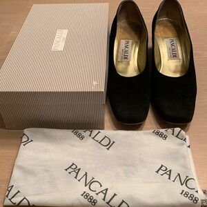 Pancaldi Black Suede Kid in 8.5B, uppers in good cond, some sole wear heel drag